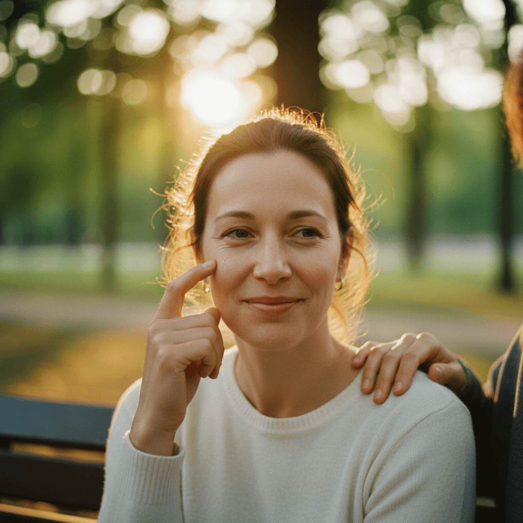 Medium close-up shot of a woman in her mid 30s wiping a small tear and smiling during a conversation on a park bench