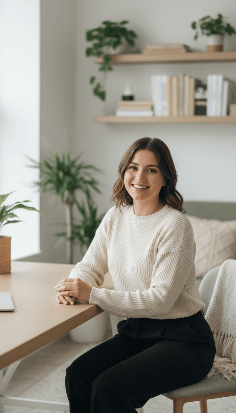 Woman smiling at camera in bright natural lighting, professional headshot style, warm inviting expression